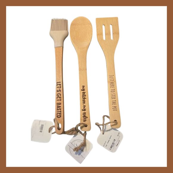 Funny Engraved Bamboo Utensils Set of 3 Puns Kitchen Spoons Hostess Gift - Picture 1 of 7